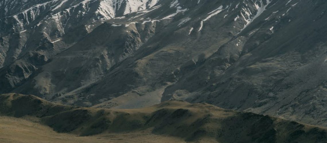 flock of sheep pasturing against mountain